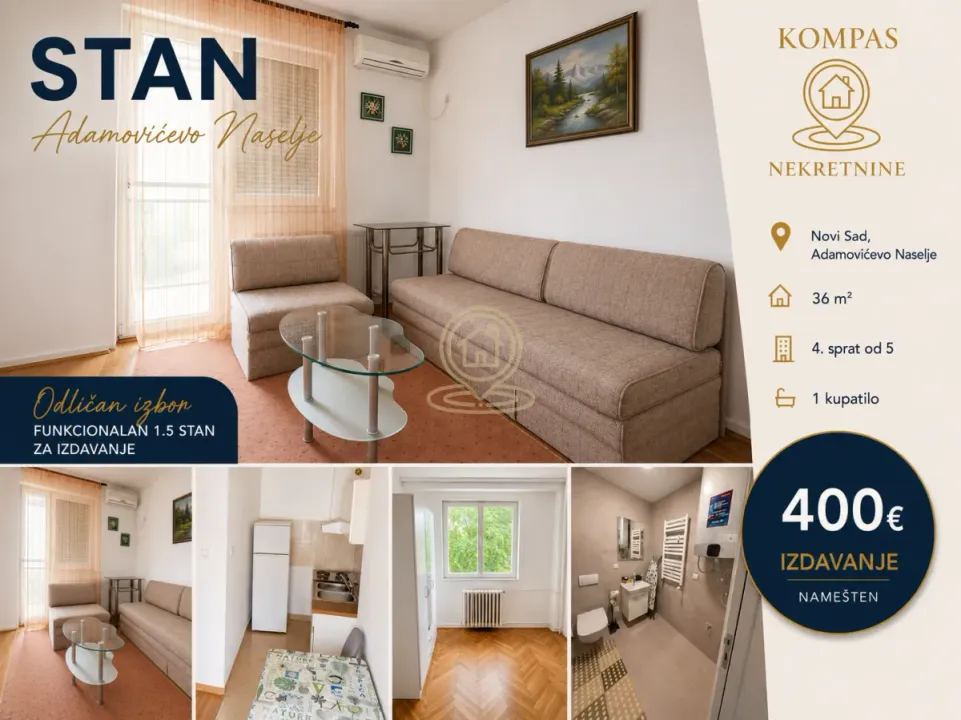 Rent, one bedroom apartment, 36m², Adamovićevo Naselje, Novi Sad Sve Podlokacije