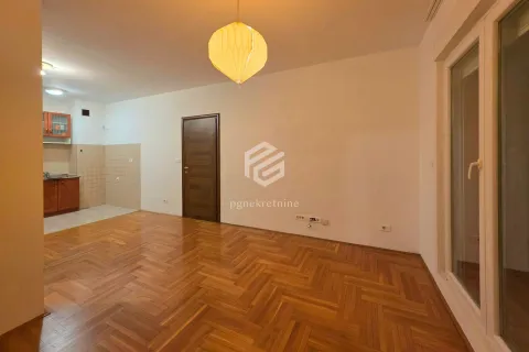 Empty living room with parquet flooring and a designated kitchen area. - image 13