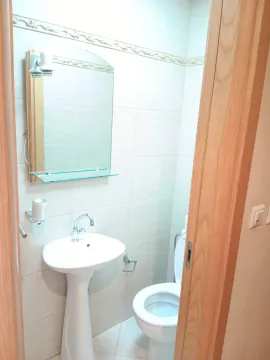 Smaller bathroom with a sink, mirror, and toilet bowl. - image 9