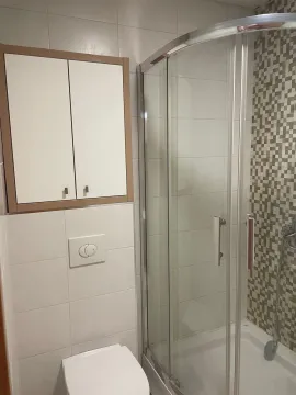Compact bathroom with a shower cabin, toilet, and wall cabinet. - image 12