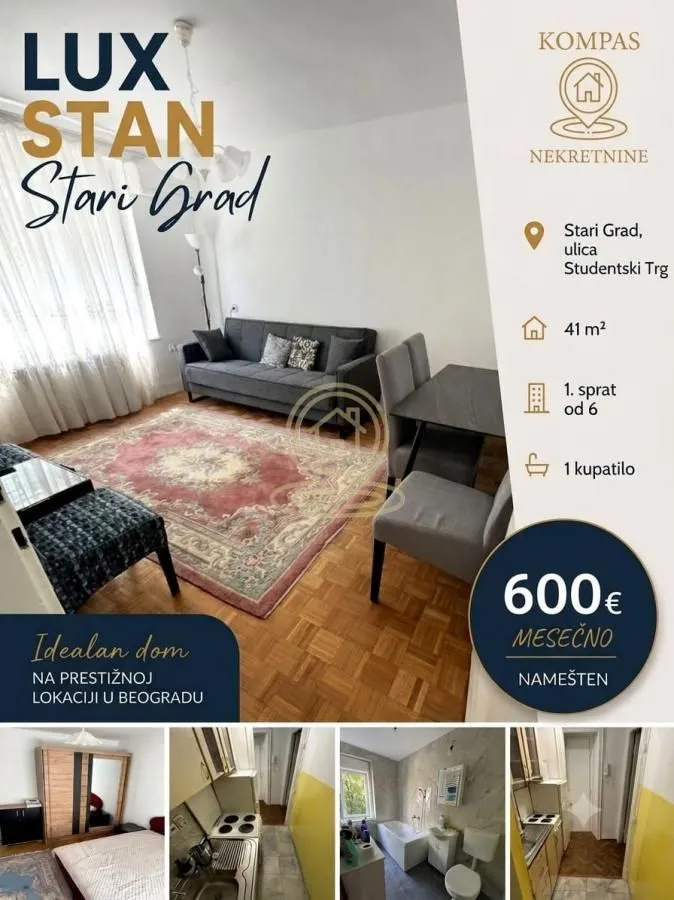 Rent, two bedroom apartment, 41m², Stari Grad, Beograd
