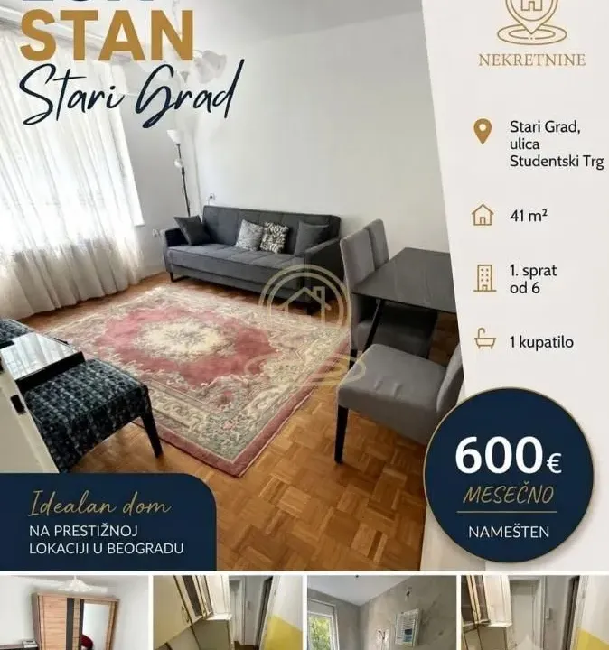 Izdavanje, dvosoban stan, 41m², Stari Grad, Beograd