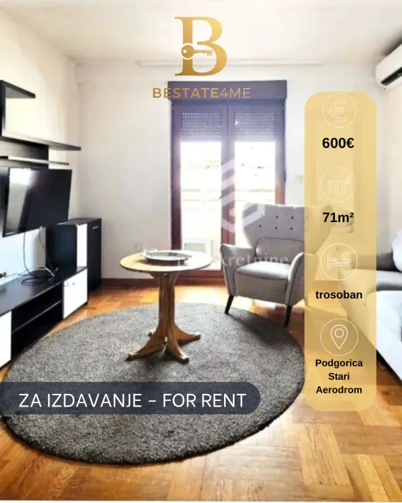Rent, three bedroom apartment, 71m², Stari Aerodrom, Podgorica