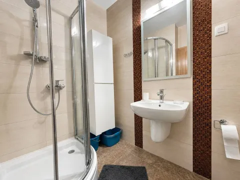 Modernly equipped bathroom with a shower cabin and sink. - image 7