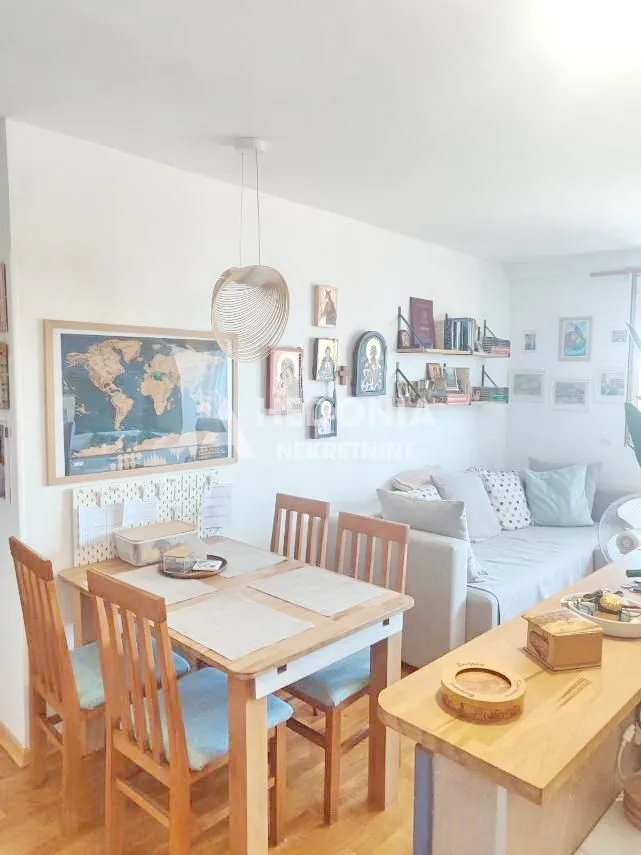 Dnevni boravak sa trpezarijskim stolom i sofom.
