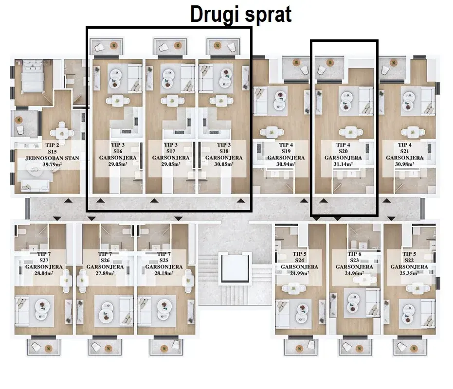 Osnova drugog sprata zgrade sa prikazom rasporeda i kvadrature stanova.