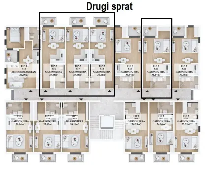 Osnova drugog sprata zgrade sa prikazom rasporeda i kvadrature stanova. - image 2