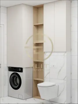 Moderno opremljeno kupatilo sa veš mašinom, ugradnim ormarićima i konzolnom wc šoljom. - image 8