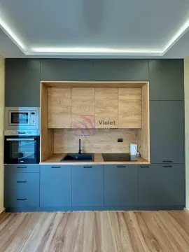 Moderna kuhinja tamnih frontova sa ugradnim aparatima i drvenim detaljima. - image 3
