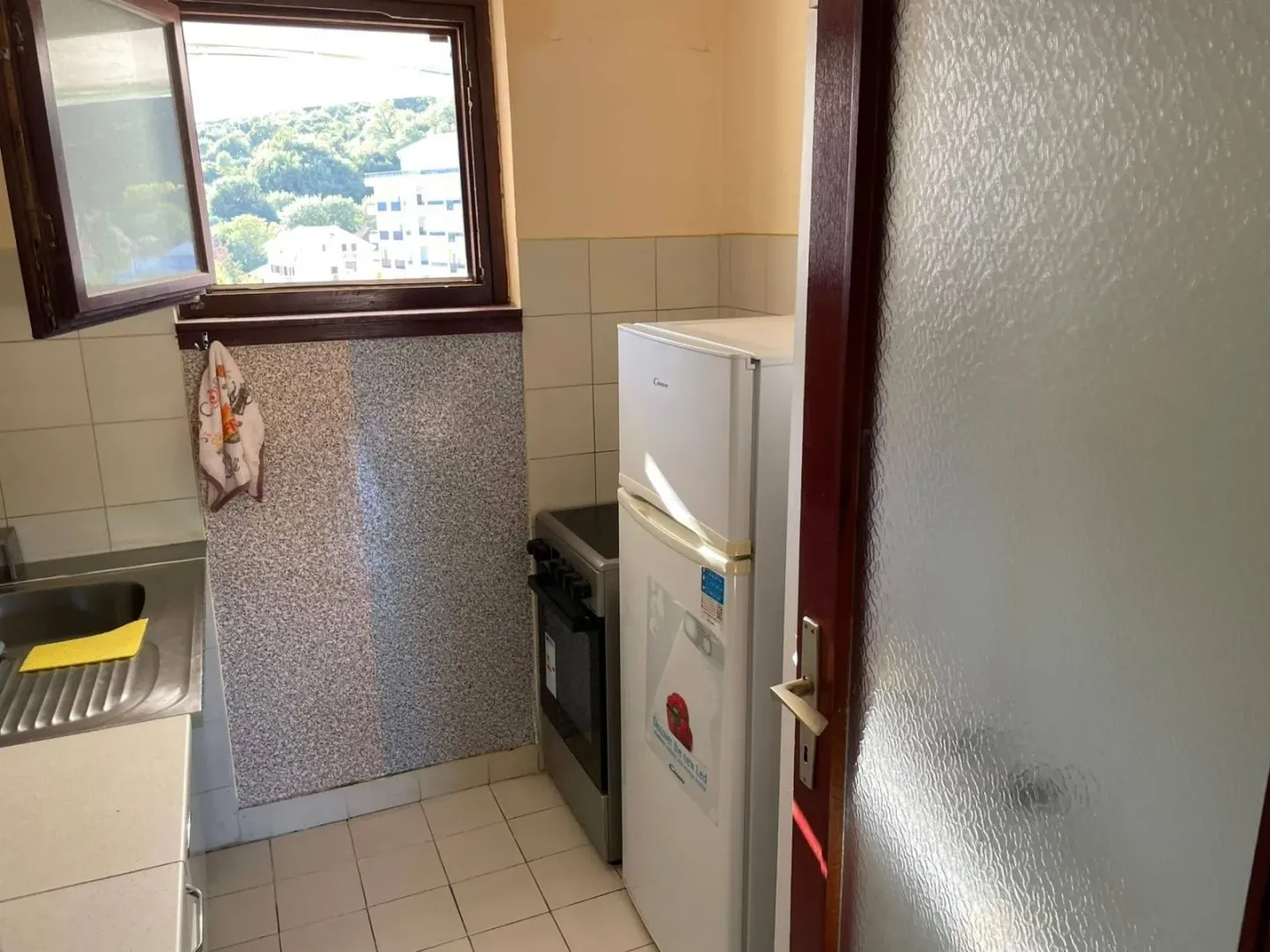 Small kitchen with a refrigerator, stove, and a window overlooking the surroundings.