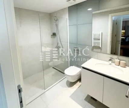 Modern bathroom with a walk-in shower and a white vanity unit. - image 16
