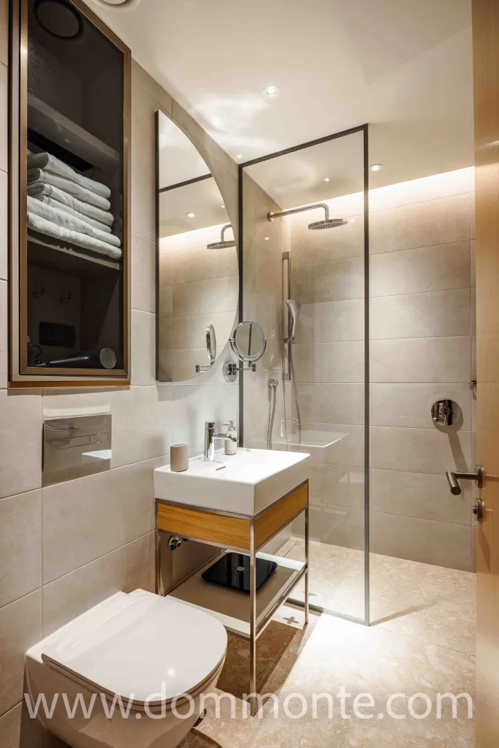Modernly equipped bathroom with a walk-in shower and washbasin.