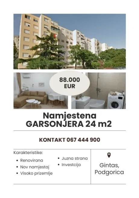 Sale, studio apartment, 24m², Gintaš, Podgorica