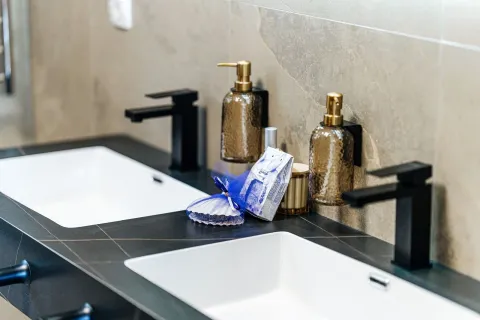 Moderni dvostruki umivaonik u kupatilu sa crnim slavinama. - image 17