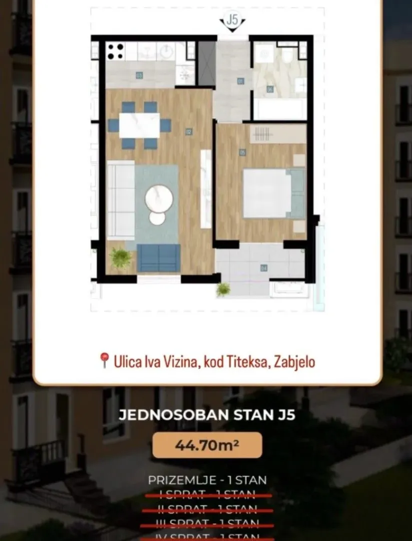 Prodaja, jednosoban stan, 45m², Zabjelo, Podgorica