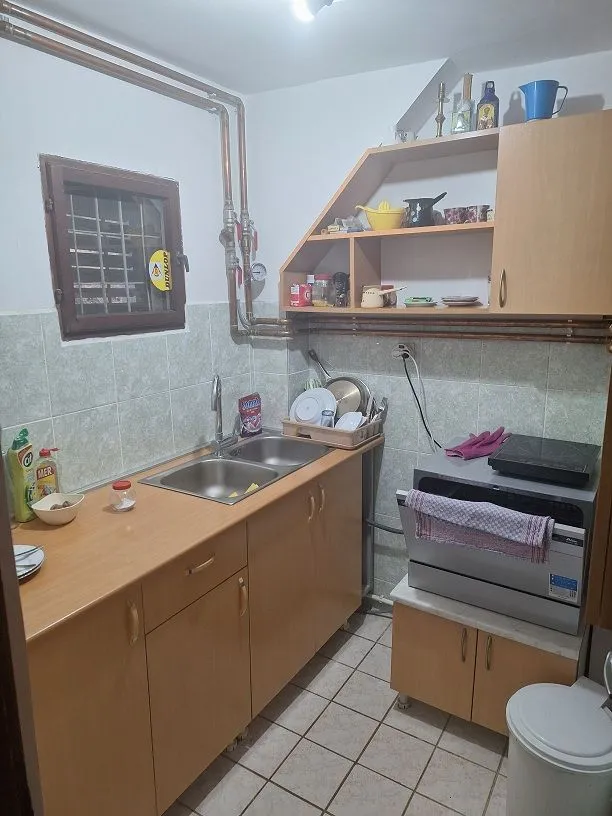 Manja kuhinja sa drvenim elementima, sudoperom i instaliranim aparatima.