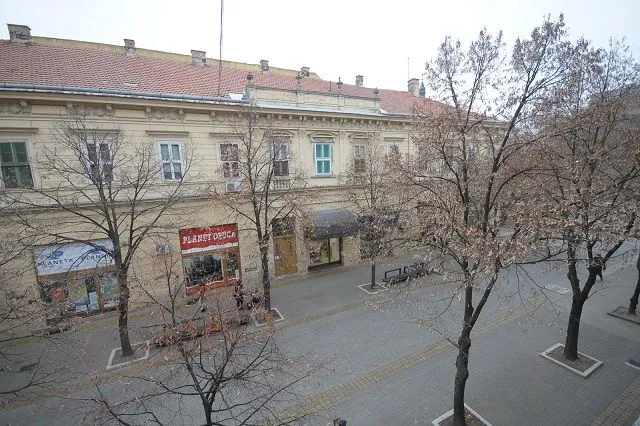 Pogled sa prozora na gradsku ulicu i fasadu zgrade preko puta.