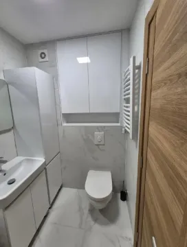 Moderne kupatilo sa bijelim elementima, umivaonikom i wc šoljom. - image 10