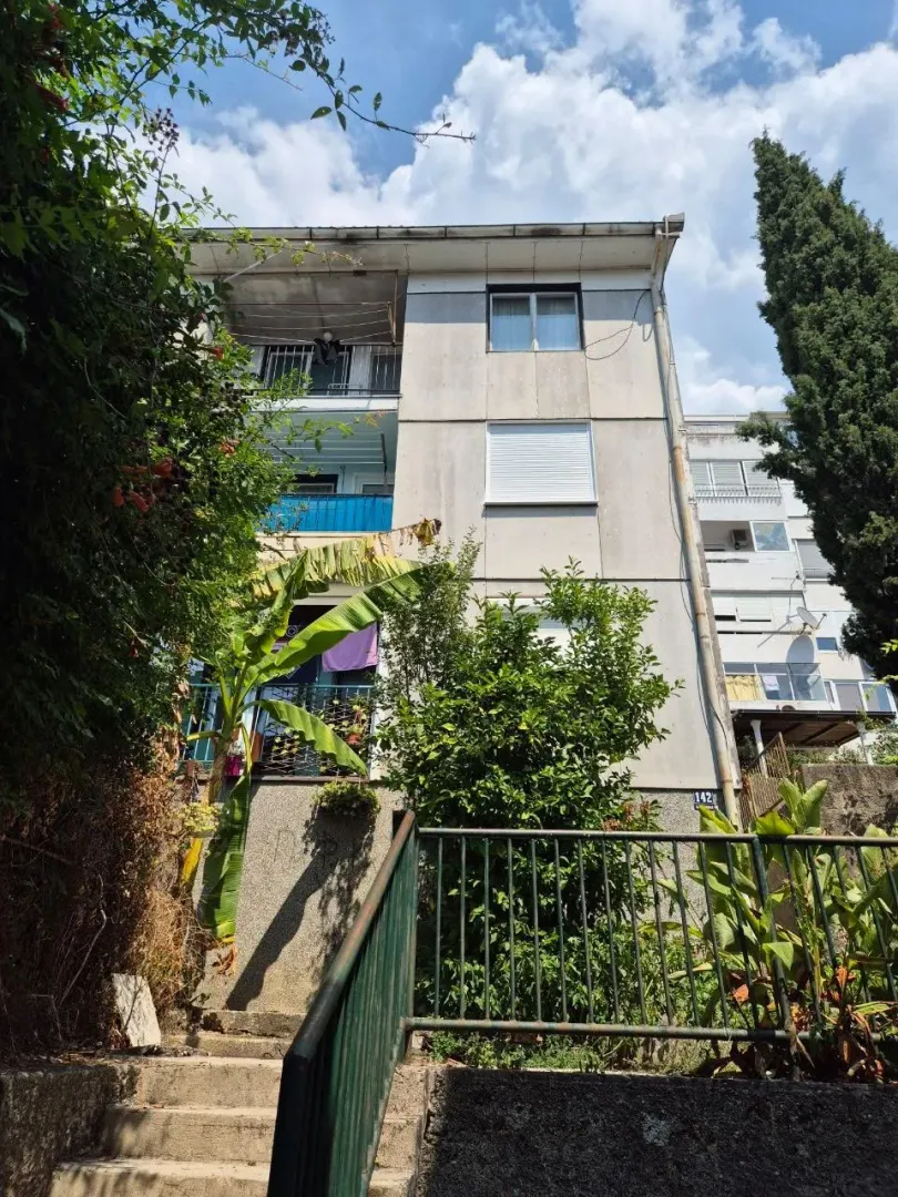 Pogled na spoljašnjost zgrade sa stepeništem i zelenilom.