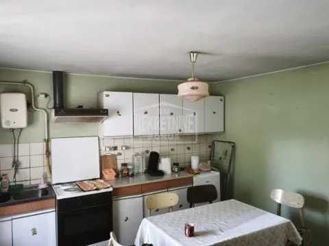 Starija kuhinja sa trpezarijskim stolom i zelenim zidovima. - image 8