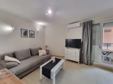 Living room with a grey sofa, coffee table, and TV. - image 2