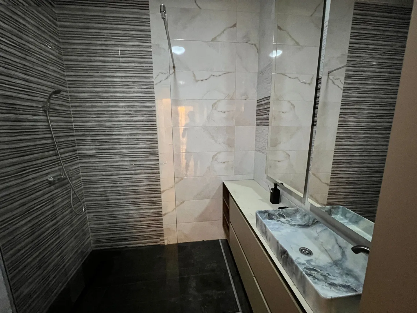 Modern bathroom with a walk-in shower and a sink.
