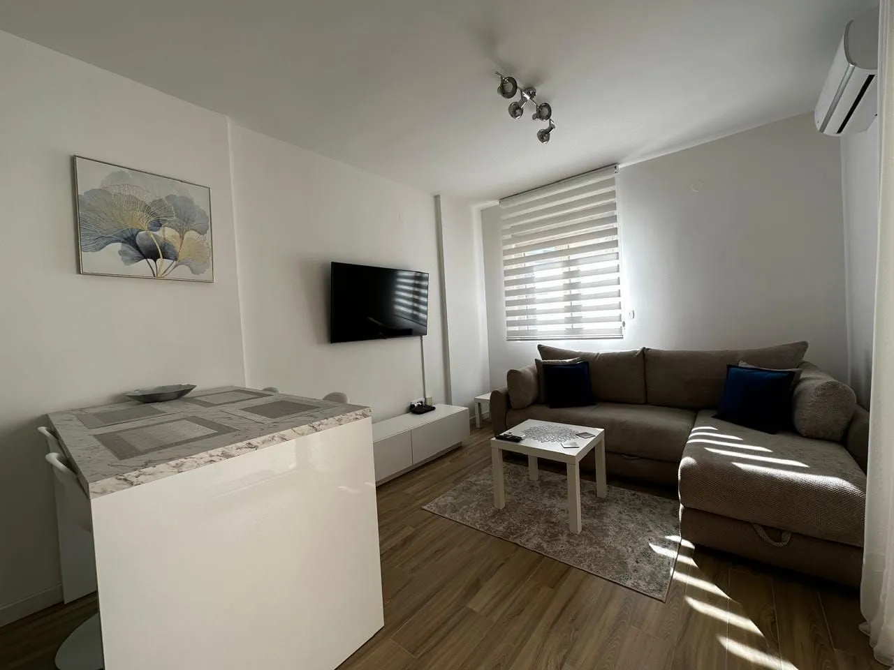 Living room with a sofa, TV, and dining table.