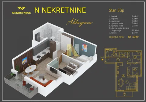 3D tlocrt trosobnog stana sa rasporedom prostorija i kvadraturom. - image 14