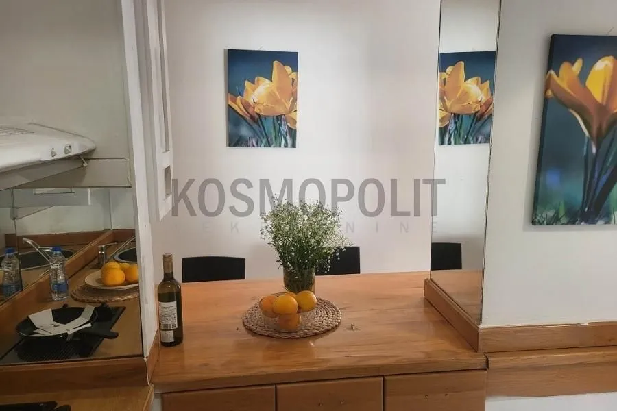 Manja kuhinja sa drvenim elementima i trpezarijskim stolom.