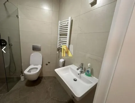 Modern bathroom with a walk-in shower, washbasin, and toilet. - image 13
