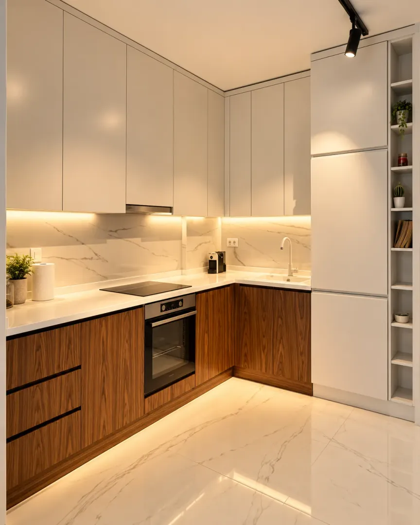 Modern kitchen with white upper cabinets and wooden lower cabinets.