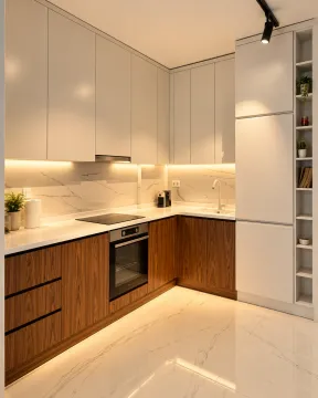 Modern kitchen with white upper cabinets and wooden lower cabinets. - image 5