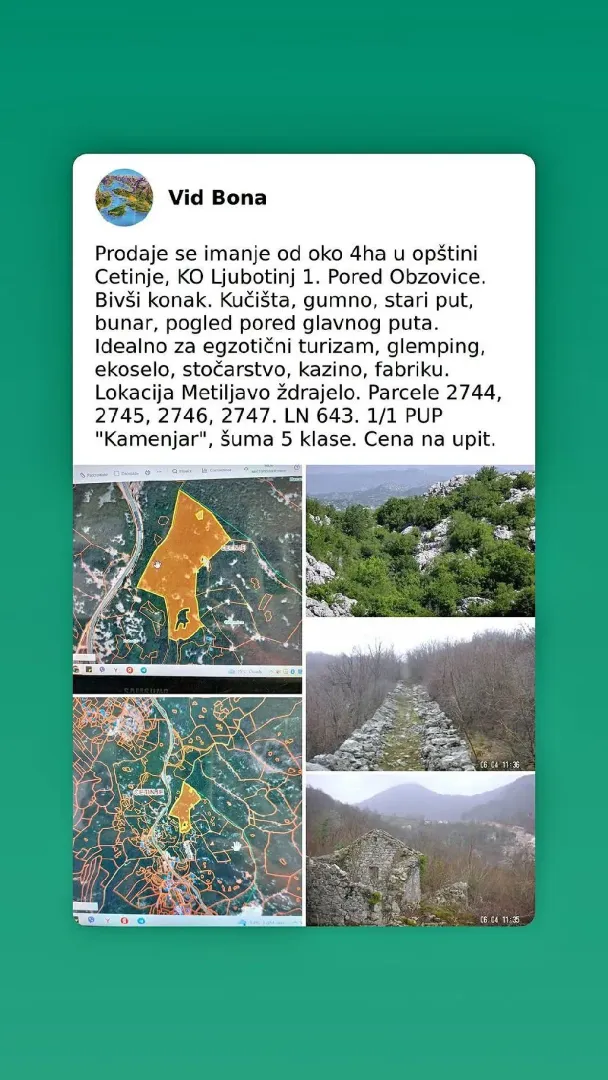 Kombinovani prikaz katastarskih planova i fotografija imanja sa tekstualnim opisom oglasa.