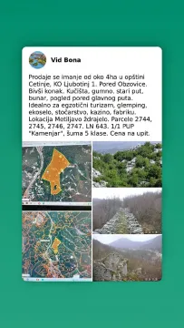 Kombinovani prikaz katastarskih planova i fotografija imanja sa tekstualnim opisom oglasa. - image 7