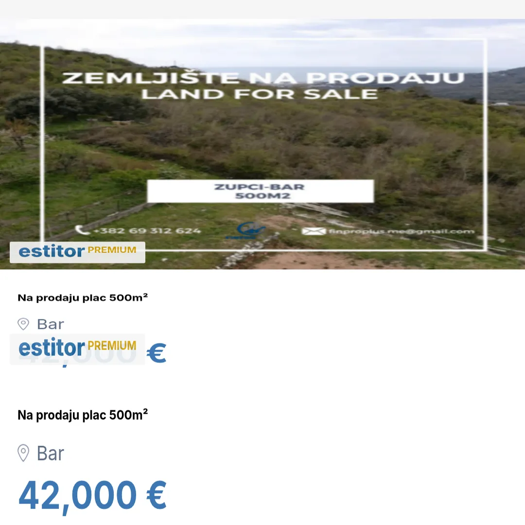 Prodaja, plac, 500m², Bar, Crna Gora