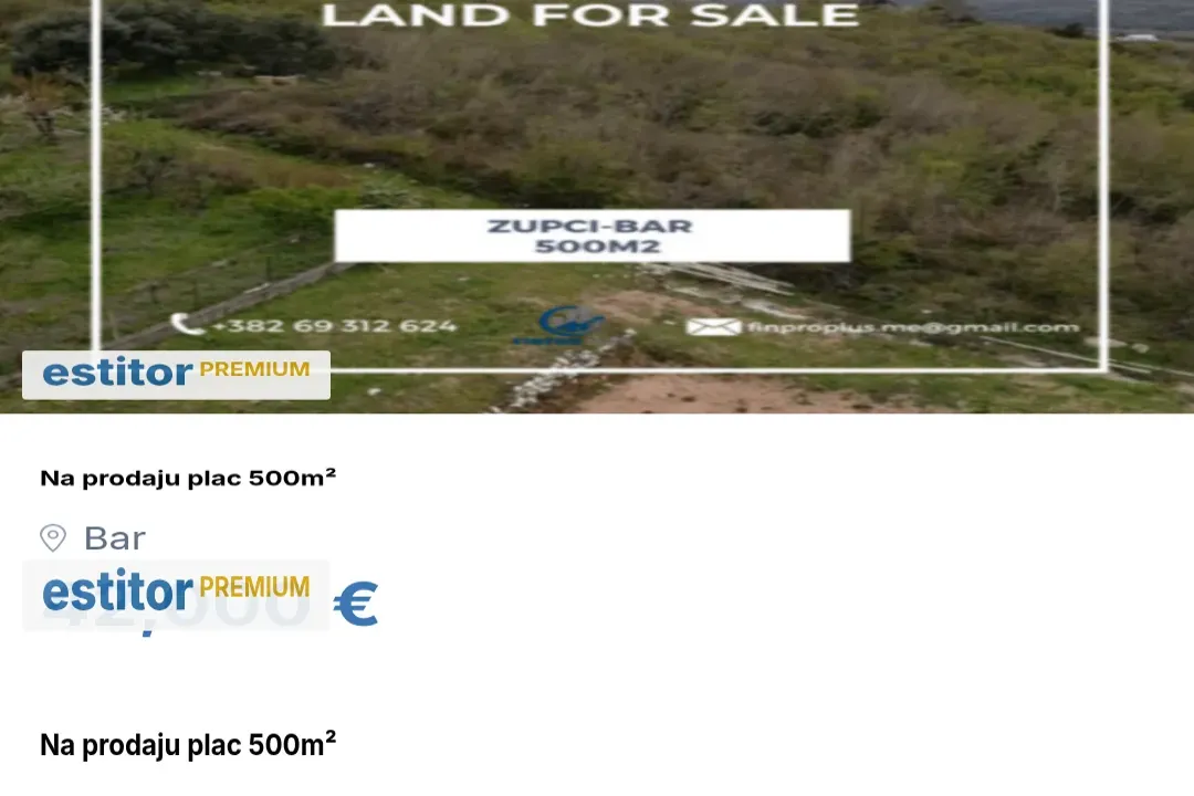 Sale, land lot, 500m², Bar, Crna Gora