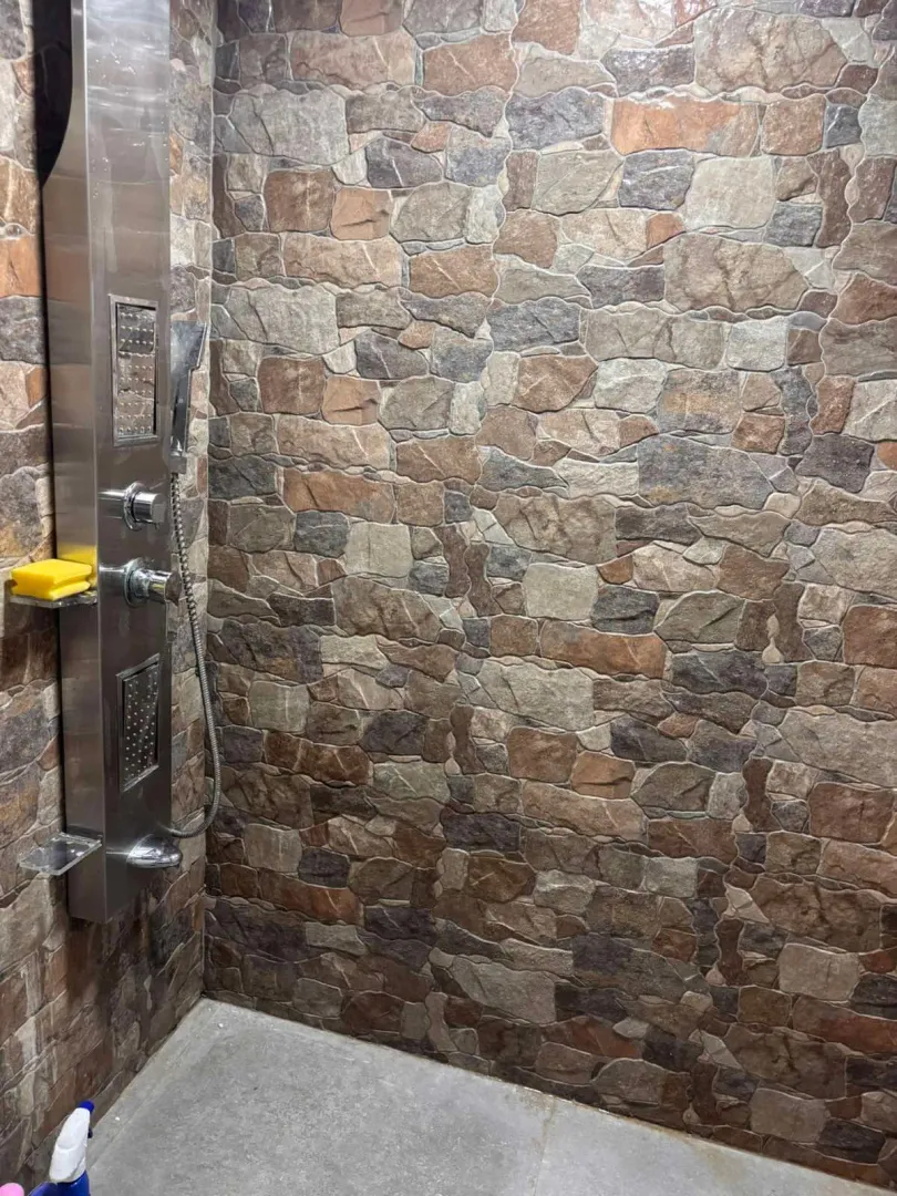 Shower enclosure with decorative stone wall cladding.