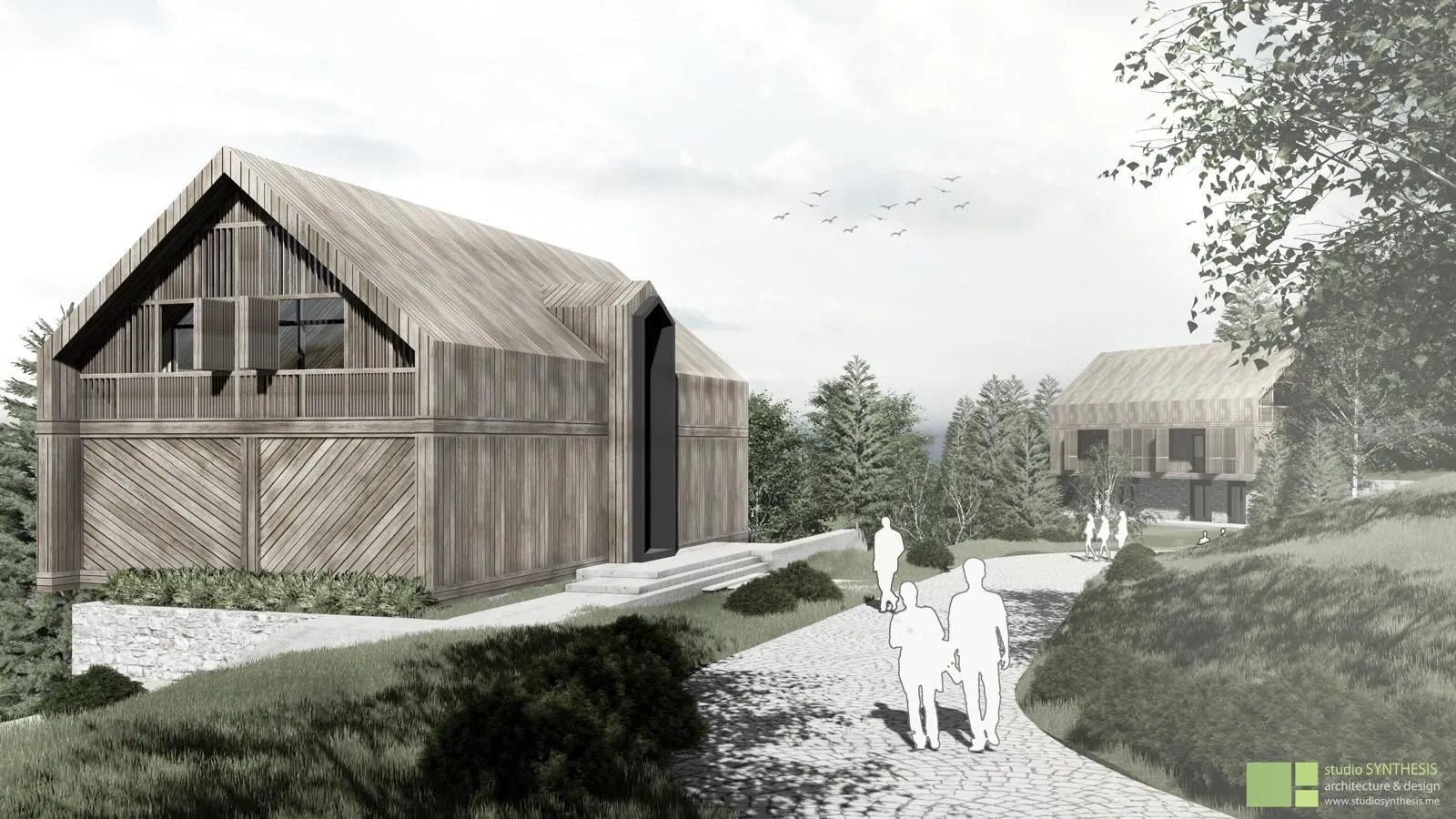 3D render eksterijera modernog drvenog objekta u prirodi.