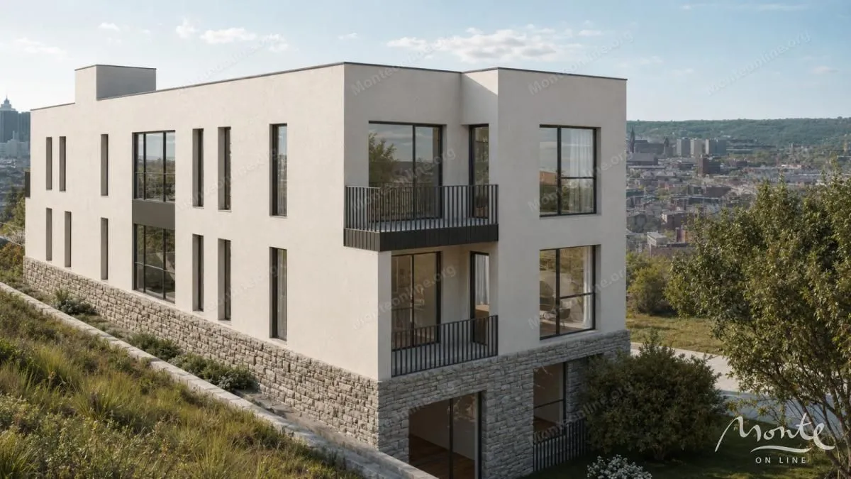 Pogled na spoljašnjost moderne stambene zgrade sa terasama i kamenom fasadom u prizemlju.