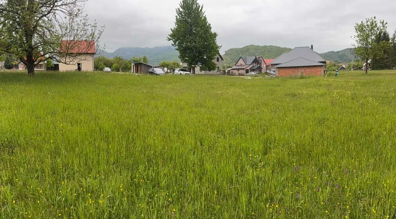 Veliko travnato dvorište sa kućama u pozadini i brdima.