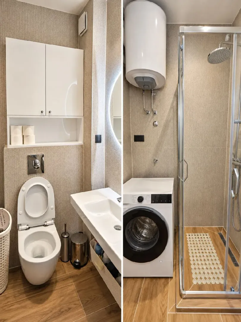 The collage shows a modernly equipped bathroom with a shower cabin, toilet, and washing machine.