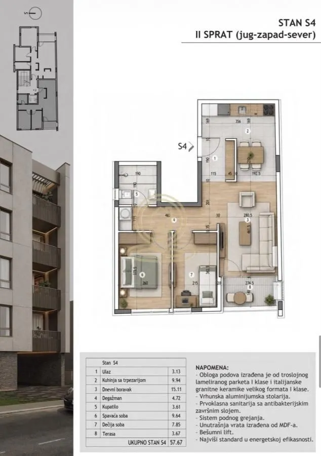 Sale, two bedroom apartment, 57m², Pantelej, Niš