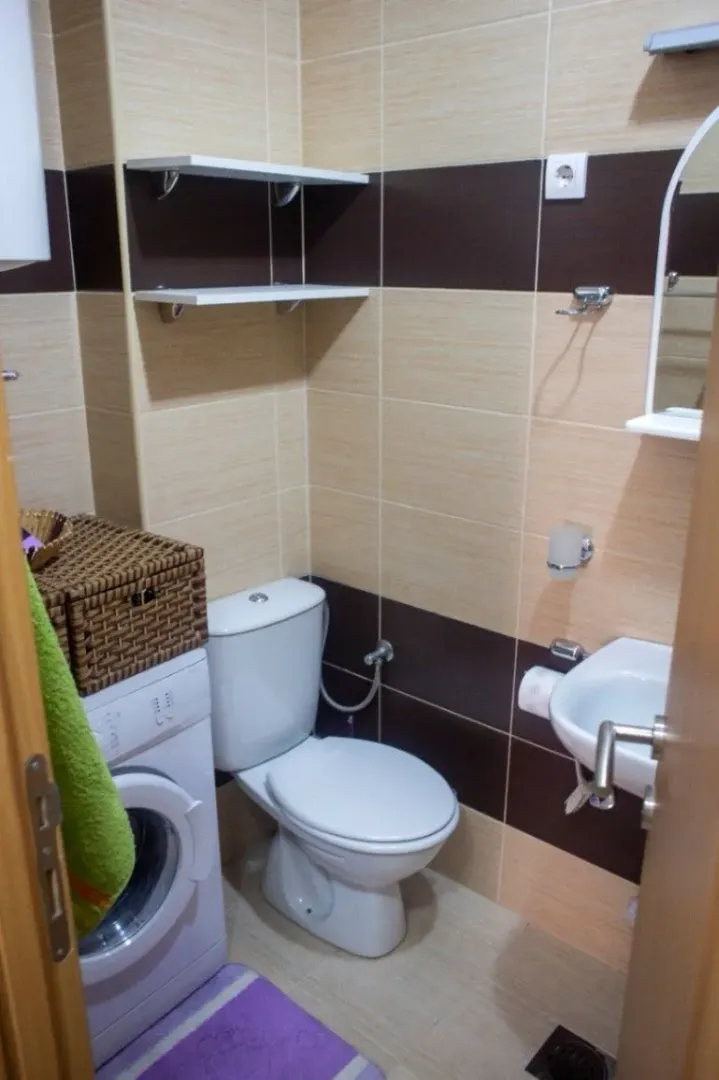 Malo kupatilo sa toaletom, lavaboom i veš mašinom.