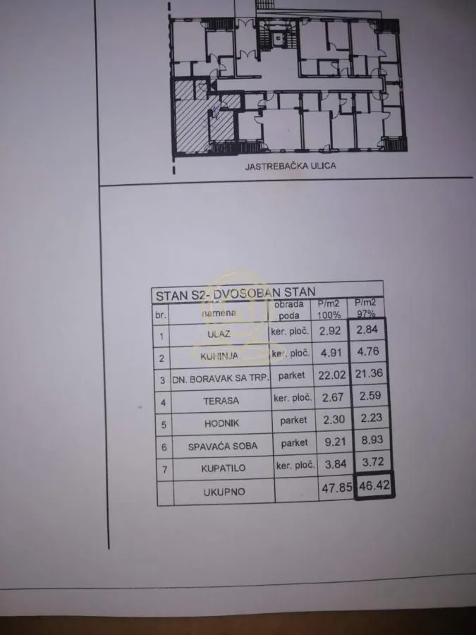 Osnova stana sa tabelom površina prostorija.