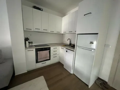 Manja bijela kuhinja sa ugradnim uređajima i frižiderom. - image 7