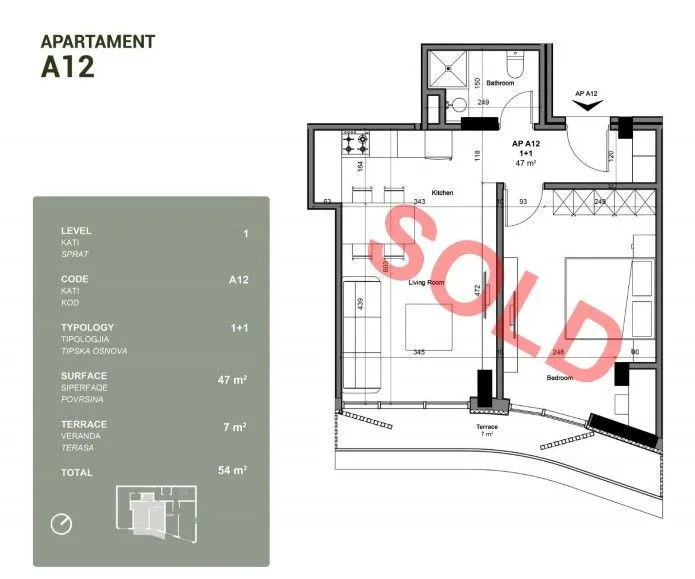 Sale, one bedroom apartment, 54m², Pinješ, Ulcinj