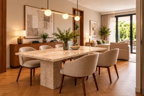 Spacious dining area with a large table and comfortable chairs in a modern interior. - image 8