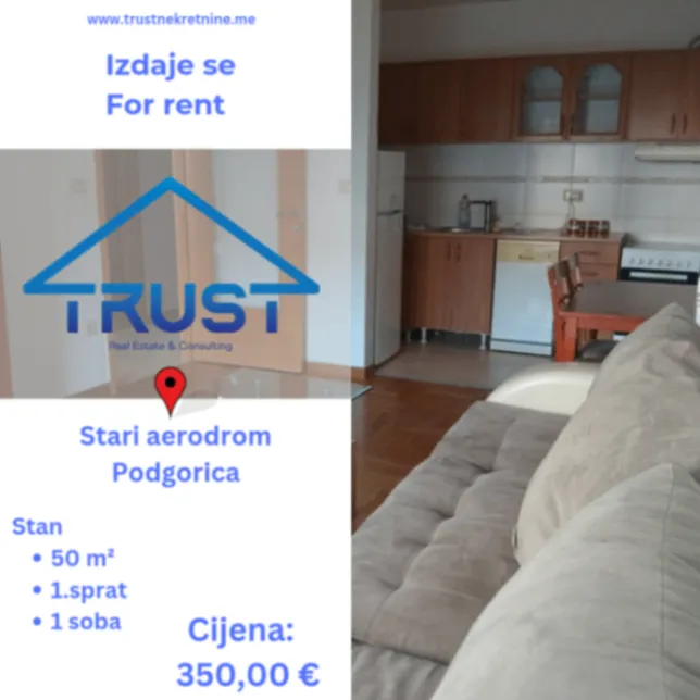Izdavanje, jednosoban stan, 50m2, Stari Aerodrom, Podgorica