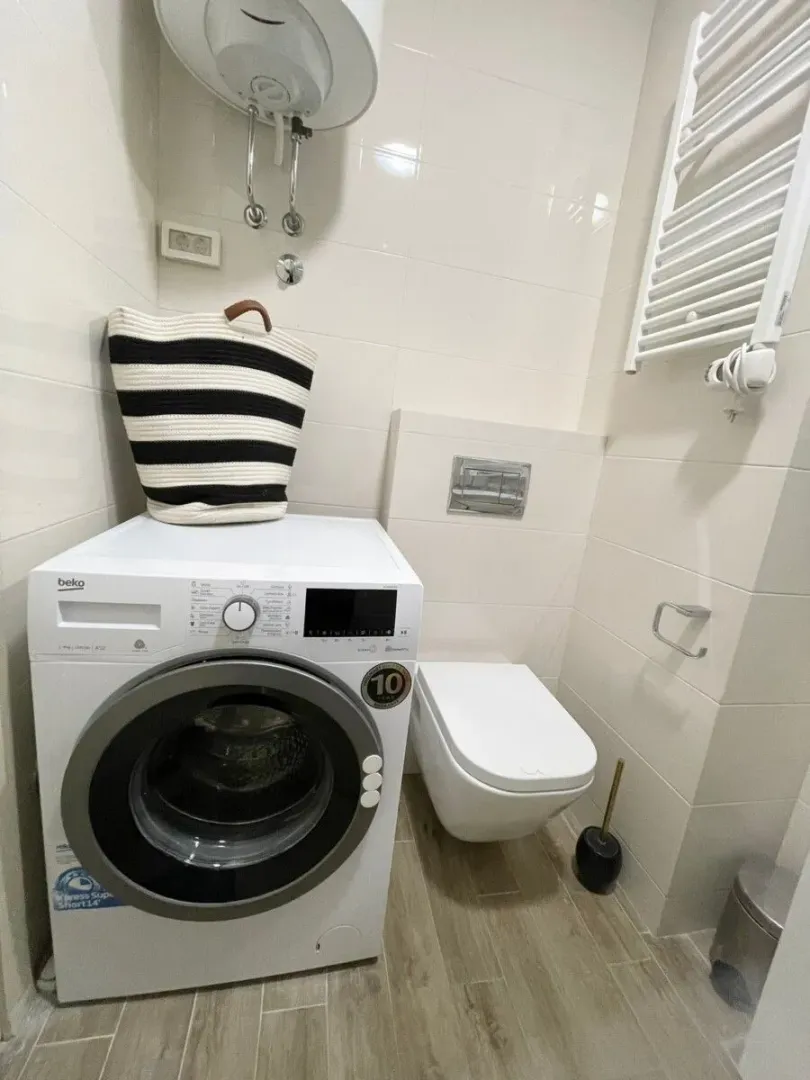 Bathroom equipped with a washing machine, wall-hung toilet, and water heater.