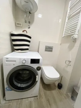 Bathroom equipped with a washing machine, wall-hung toilet, and water heater. - image 4
